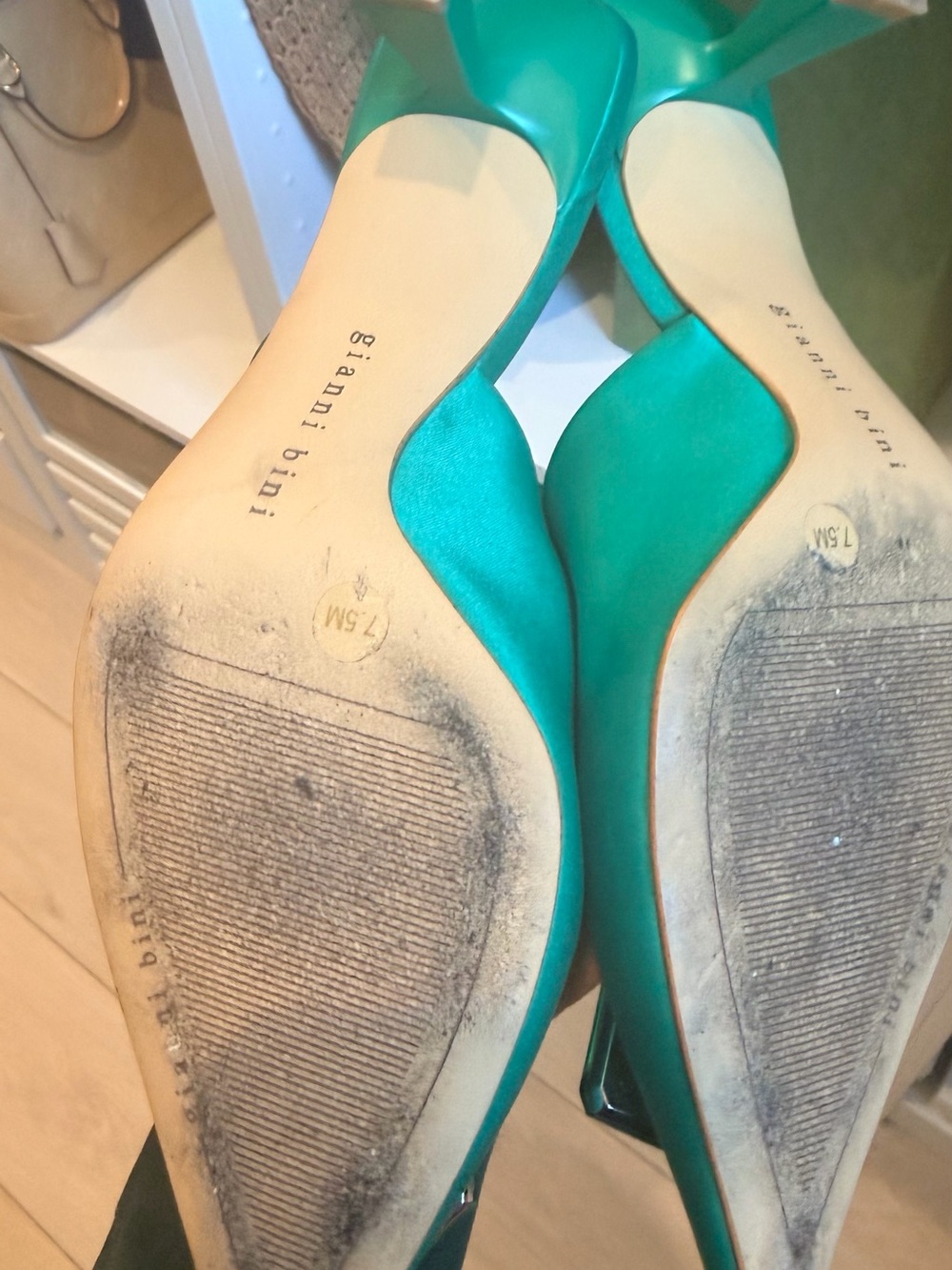 Gianni Bini Teal Satin Pointed-Toe Mules with Gem Embellishment - Picture 2 of 6